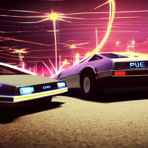 Prompt: point perspective illustration, neon city photorealistic render unreal engine 5, delorean hovers in the foreground