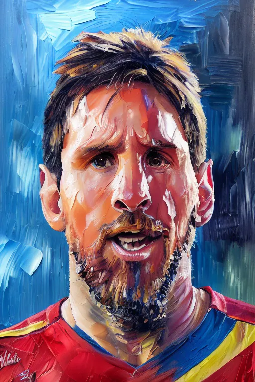 Prompt: palette knife oil painting portrait of messi, an athletic middle - aged man in hipster outback wear and australian aboriginal body paint, concrete balcony, nightclub, artstation trending, artgerm, any racial background, deviant art, hipster, octane, substance, art history 8 k