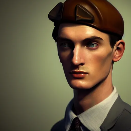 Image similar to A videogame portrait of a young Irish man with high cheekbones. Good bone structure. Dressed in 1940s style. Highly detailed, fine Art, high detail, great lighting, 8k resolution, masterpiece, concept art, illustration, clear eyes, painting oil on canvas, octane render, HDR, trending on artstation, 4k, 8k, HD