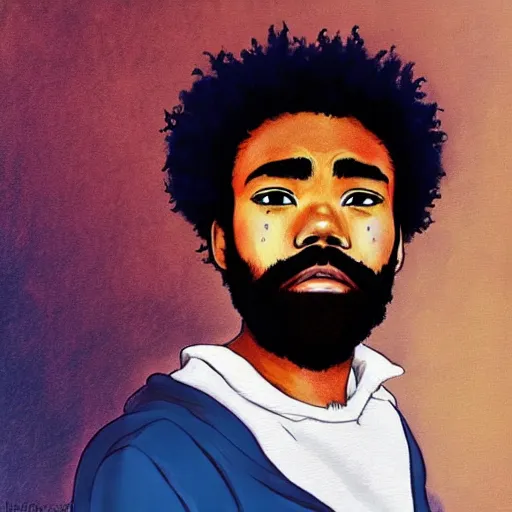 Image similar to donald glover with curly hair, painting on a canvas, anime style, studio ghibli, contemplative, beautiful, surreal, detailed, dreamy