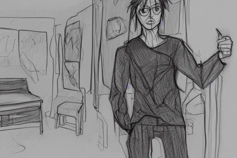 Prompt: single line sketch of goth guy standing in a cluttered 9 0 s bedroom, full body character concept art, scribble sketch, small details,