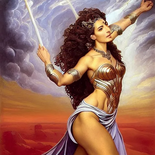 Image similar to Full body oil painting of the beautiful woman Gal Gadot, she is wearing a peplos and a surreal ornate, her hair is natural disheveled, she is approaching heaven over the clouds, naturalism, dramatic lighting, high-detailed oil painting by Ilya Repin, Michelangelo da Caravaggio, William Blake, Alex Grey and Beksinski, trending on Artsation, hystorical painting, naturalism, masterpiece, 4k, 8k,