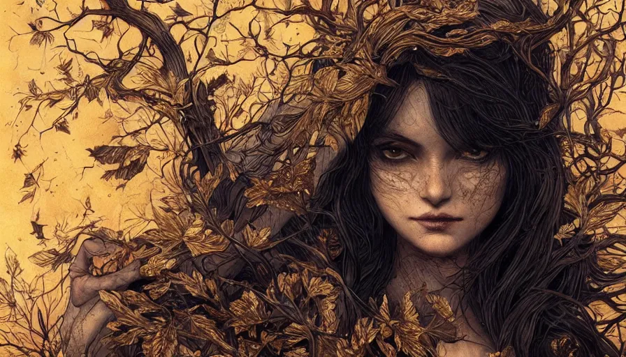 Prompt: dark colors, golden leaves at frame border, creative!!! composition for a book cover!!!, absurdly beautiful, ultrafine hyperrealistic detailed old!! witch face by wlop and artgerm and greg rutkowski, intricate linework, sharp focus, smooth, octopath traveler, final fantasy, unreal engine, dramatic lighting, ethereal, 8 k