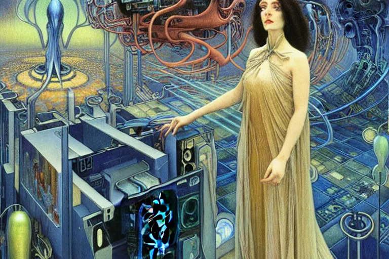 Prompt: realistic extremely detailed portrait painting of a ghost woman posing with anthropomorphic supercomputer robot, futuristic sci-fi city on background by Jean Delville, Amano, Yves Tanguy, Alphonse Mucha, Ernst Haeckel, Edward Robert Hughes, Roger Dean, rich moody colours, blue eyes
