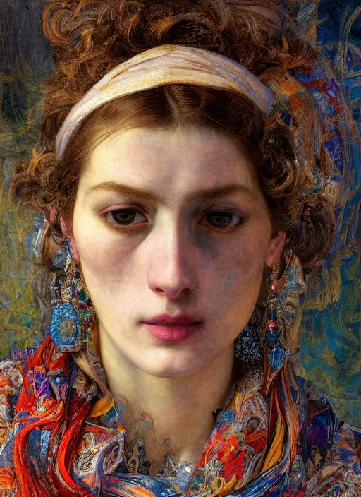 Prompt: close up portrait of the ghost of beautiful woman, wearing a scarf with colourful intricate psychodelic patterns, by edgar maxence and caravaggio and michael whelan and delacroix style, artistic, intricate drawing, light brazen, realistic fantasy, extremely detailed and beautiful aesthetic face, establishing shot, 8 k resolution, dramatic lighting