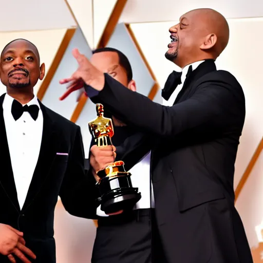 Prompt: wide-angle photo of Dave Chappelle slapping Will Smith at the Oscars, highly detailed, 8k, sharp focus, TMZ award winning photo