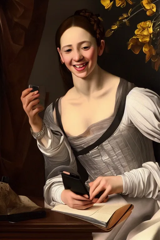 Prompt: a portrait of a beautiful young lady smiling at a text she just received from her crush, in style of Caravaggio, hypermaximalistic, high details, cinematic, 8k resolution, beautiful detailed, insanely intricate details, artstation trending, octane render, unreal engine