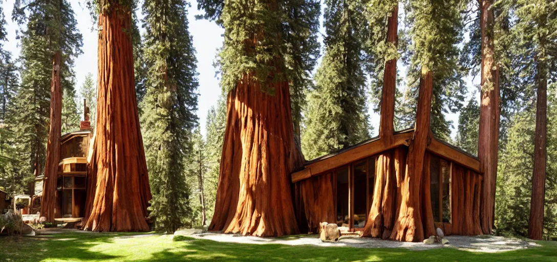 Image similar to house built into and inside a single giant sequoia