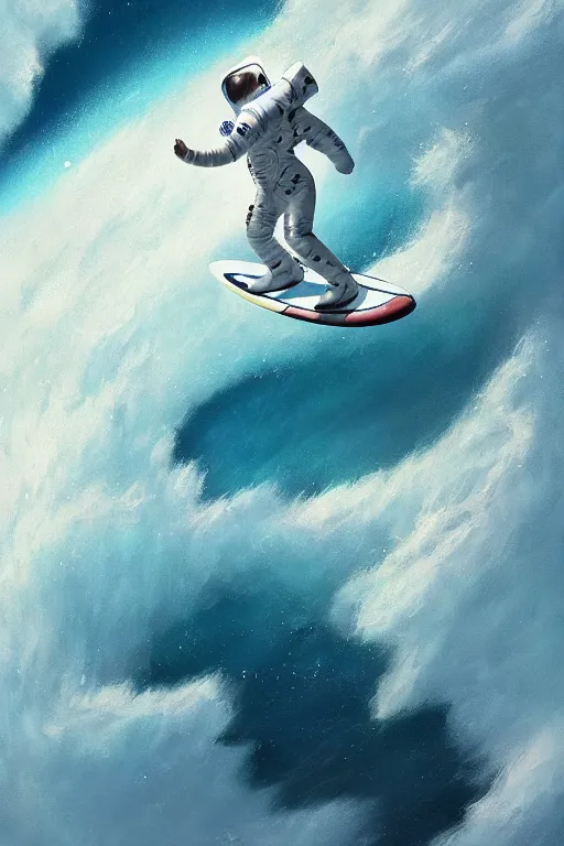 Image similar to a beautiful digital painting of an astronaut in a white space suit surfing the great wave on a surfboard by greg rutkowski, photorealistic, trending on artstation, octane render