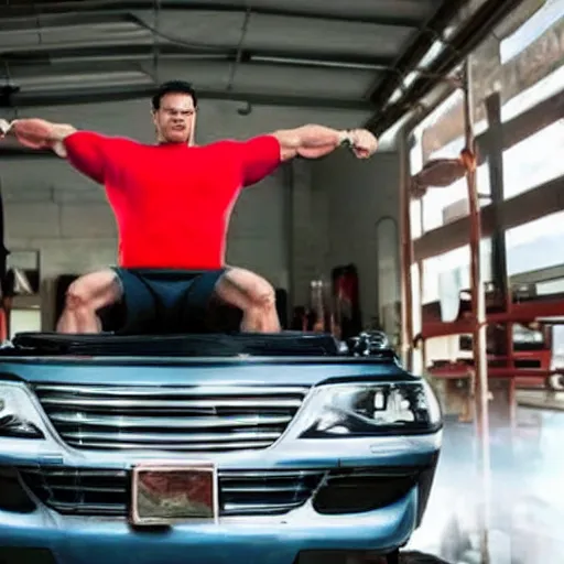 Prompt: super strong man lifting a car