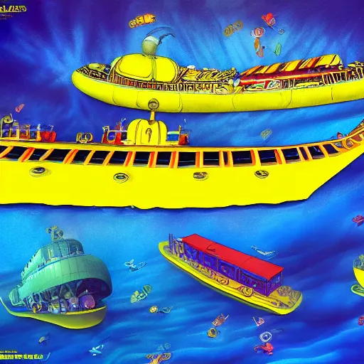 Image similar to The Beatles Yellow Submarine, hyper realistic, HD, HQ, photo realistic