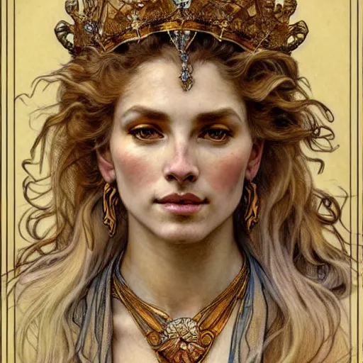 Image similar to highly detailed portrait of a majestic lioness queen as a beautiful woman. d & d, art by anton pieck and augustus edwin mulready and alphonse mucha and magali villeneuve. trending on artstation, intricate details, energetic composition, golden ratio, concept art, illustration, elegant art