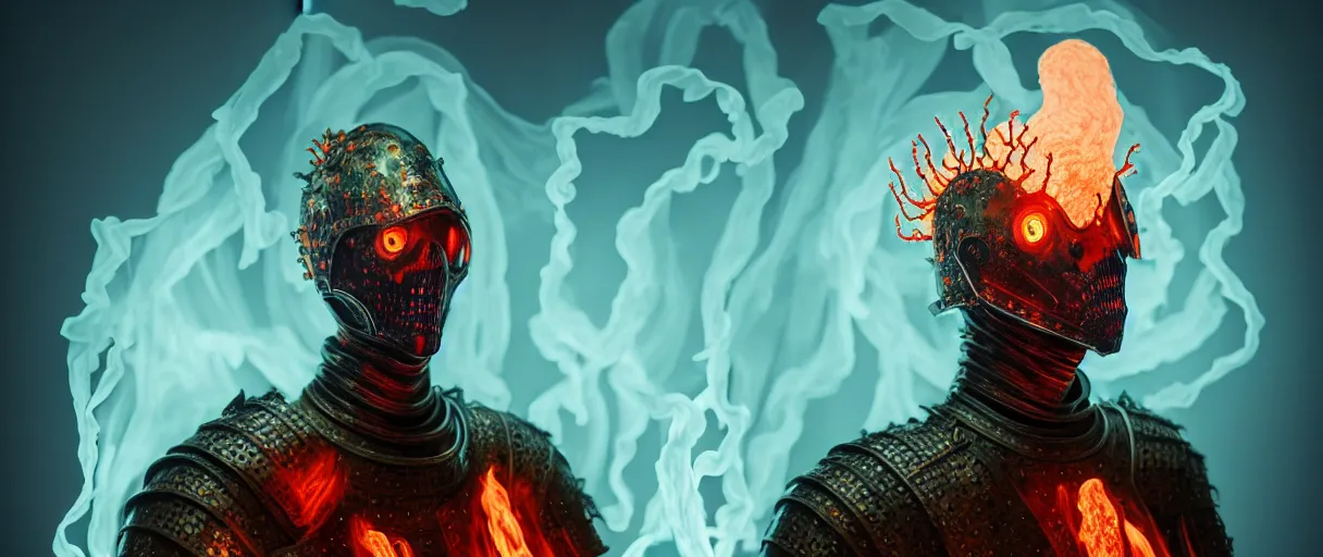Image similar to hyperrealist highly detailed english medieval portrait of high fashion monster wearing flame fire smoke flame armor, radiating atomic neon corals, veiny network growth with ghostly ghost translucent ghost armor, concept art pascal blanche dramatic studio lighting 8k wide angle shallow depth of field
