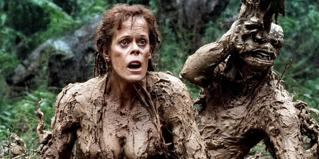 Image similar to film still of a mud - covered sigourney weaver as major dutch hiding behind a rock from the predator in predator 1 9 8 7, hd, 8 k