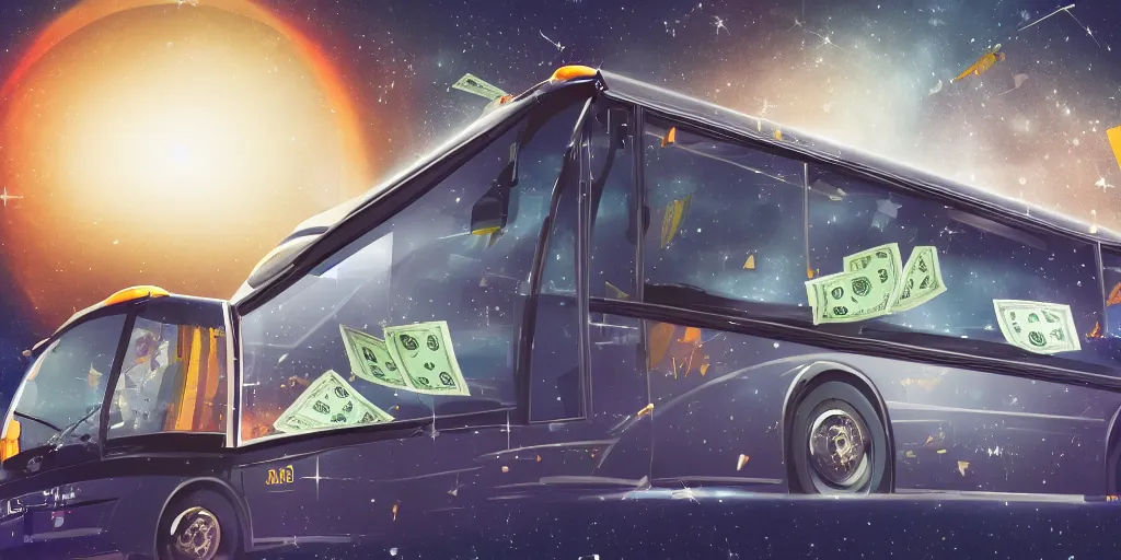 Image similar to a bus driving in outer space with money flying out of the bus windows. illustrated, high resolution 4k