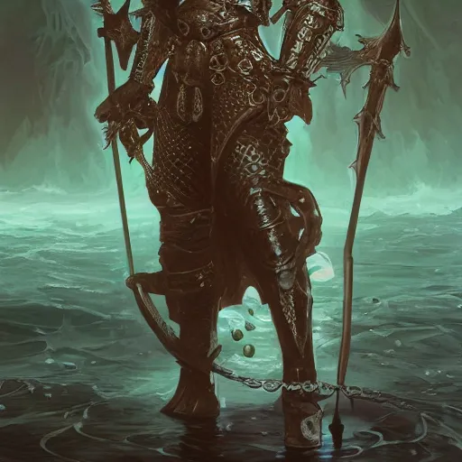 Prompt: knight in heavy armor deep in dark water, tentacles surrounding him, pearl armor, fantasy, highly detailed, digital painting, trending on artstation, concept art, sharp focus, illustration, art by alphonse mucha and artgerm and nixeu and greg rutkowski and magali villeneuve