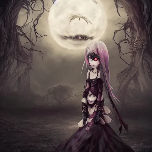 Image similar to full shot portrait of angry darkness cute anime girl at moonlight, gothic wearing, inspired by Tim Burton, Norihiro Yagi, WLOP, Marc Simonetti, Amano, Andrei Riabovitchev, detailed, unreal engine 4k volumetric light, fog,