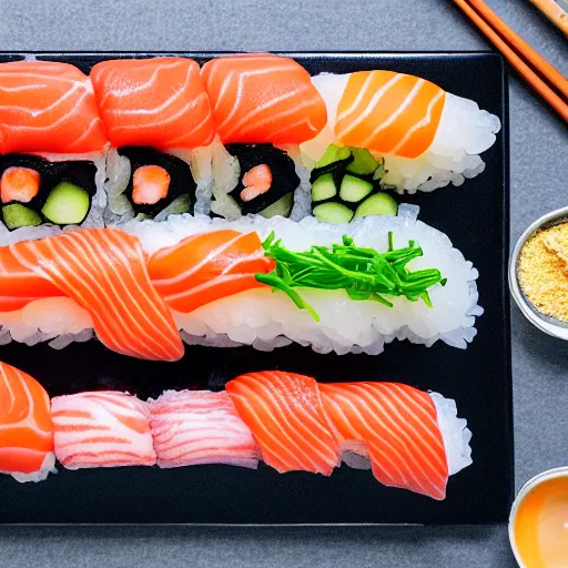 Prompt: photo of perfectly laid out sushi, high detail, 4k, complex