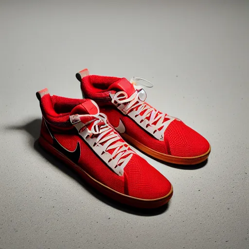 Prompt: a studio photoshoot of Nike casual sneakers designed by Tom Sachs, leather with knitted mesh material, gum rubber outsole, realistic, color film photography by Tlyer Mitchell, 35 mm, graflex