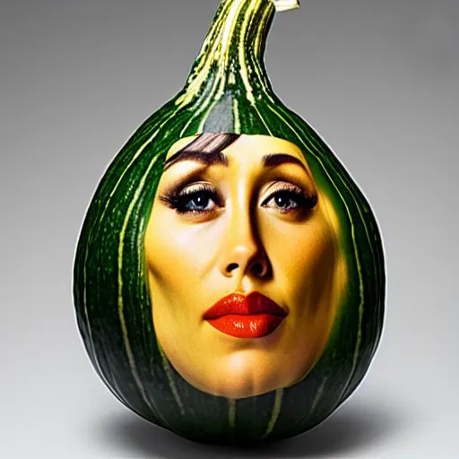 Image similar to a gourd shaped to look like the face of amber heard intercross hybrid mix