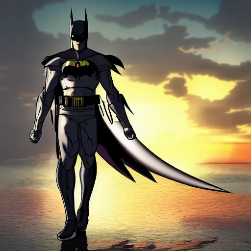 Image similar to Anime batman with a sword looking at sunset, Anime style, concept art, 8k