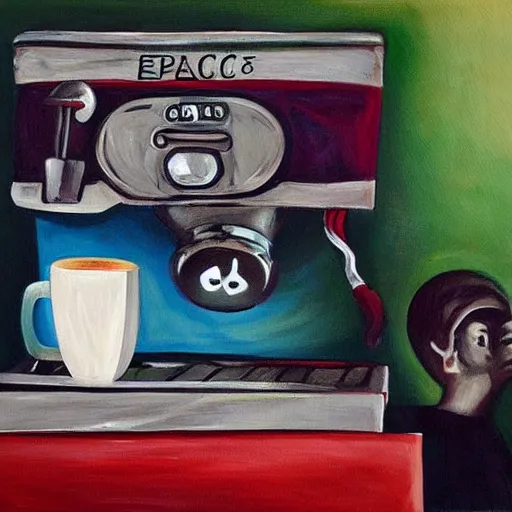 Prompt: a painting of haunted espresso machine that makes coffee from human souls