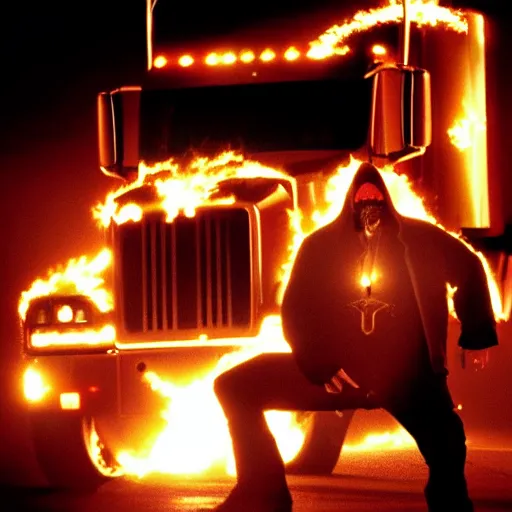 Prompt: photo of : the grim - reaper is a tough trucker with chains and revolvers, doing a badass pose in front of his flaming semi - truck during a lightning - storm.