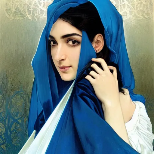 Prompt: Ameera al-Taweel, bright blue eyes, wavy black hair, white veil, highly detailed, digital painting, artstation, concept art, smooth, sharp focus, illustration, ArtStation, art by artgerm and greg rutkowski and alphonse mucha and J. C. Leyendecker and Edmund Blair Leighton and Katsuhiro Otomo and Geof Darrow and Phil hale and Ashley wood and Ilya repin and Charlie Bowater