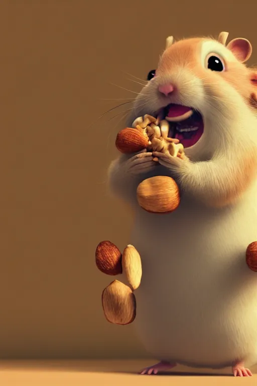 Image similar to funny hamster with cheeks full of nuts trying to push one more peanut into his mouth. pixar disney 4 k 3 d render funny animation movie oscar winning trending on artststion and behance. oscar award winning.