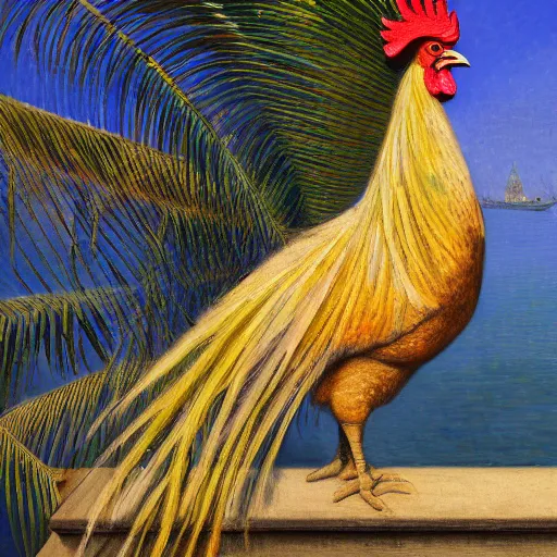 Image similar to a ultradetailed beautiful painting of a rooster in the amazonas palace balustrade designed by jules bastien - lepage, hans belmer, frank weston and gustave baumann, beach, trending on artstation, mediterranean, palm trees, refracted color sparkles, sharp focus, soft light, 8 k 4 k