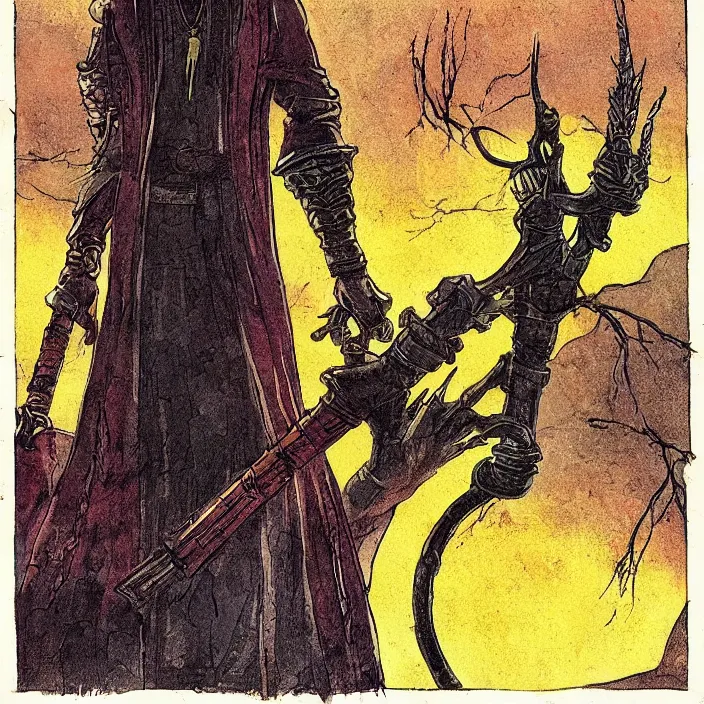 Image similar to t hunter from bloodborne in retrofuturism yharnam, style by retrofuturism, faded red and yelow, by malcolm smith, old comics in city, nicholas roerich,