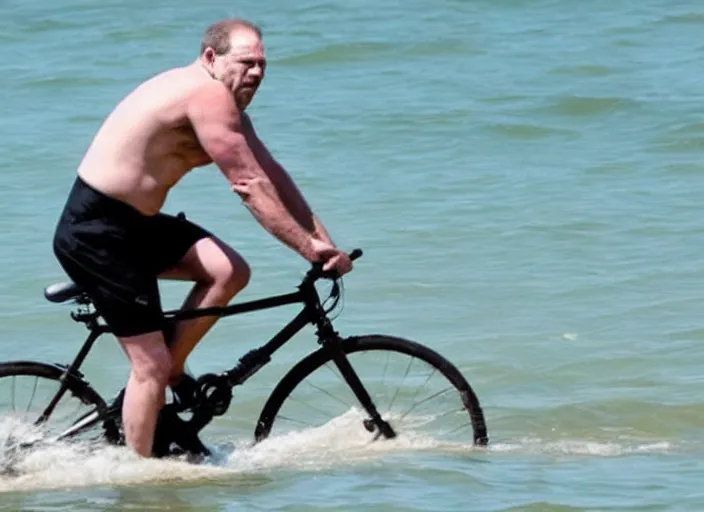 Prompt: shirtless harvey weinstein riding bicycle on water