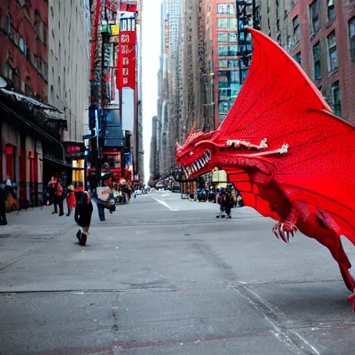 Image similar to a red flying dragon in the streets of New-York city