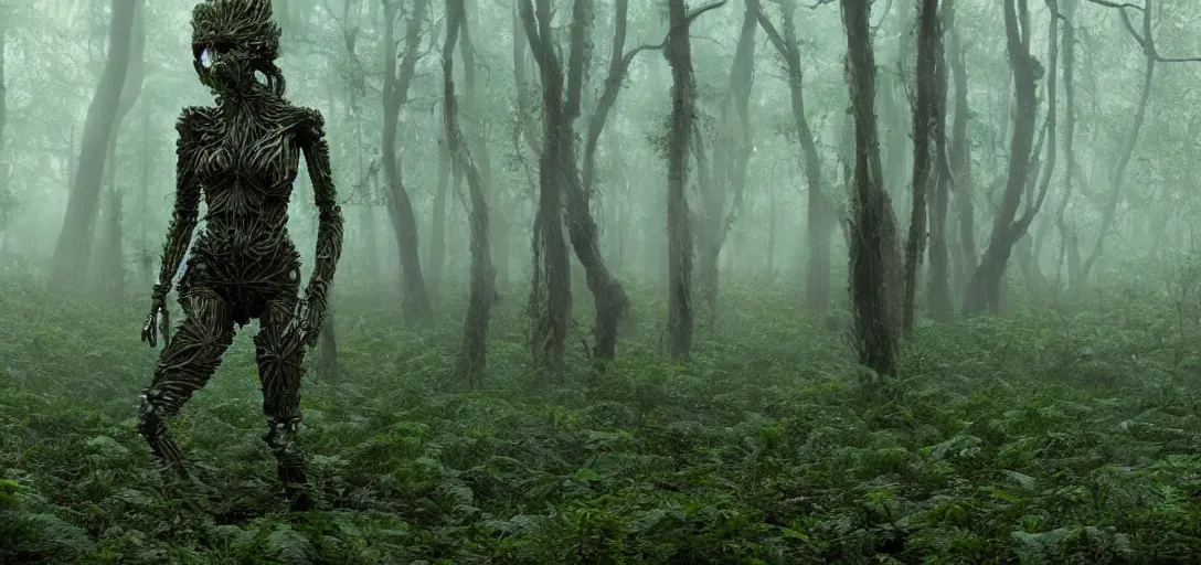 Image similar to a complex organic fractal 3 d metallic symbiotic ceramic humanoid megastructure emma watson in a swampy lush forest, foggy, cinematic shot, photo still from movie by denis villeneuve