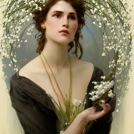 Image similar to a beautifull intricate woman with lily of the valley, reflexions, verry high details by william turner art, greg rutkowski and alphonse mucha, trending on artstation, very very detailed, masterpiece, - h 7 6 8
