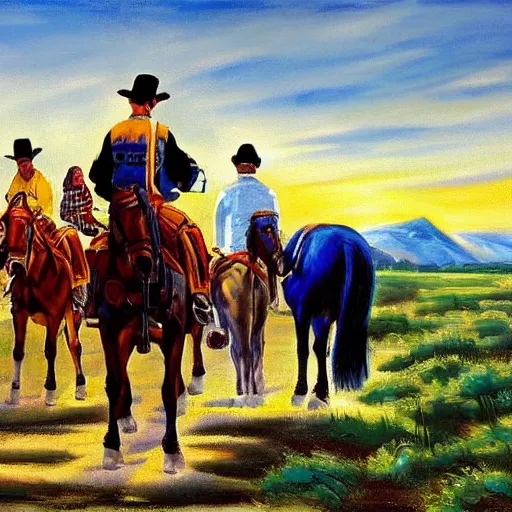 Image similar to portrait of a great plane with horsemen riding through, by Bob Ross