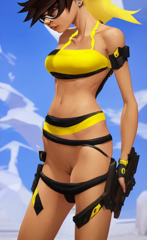Image similar to tracer game character, in yellow bikini, blonde hair, black eyes, full height