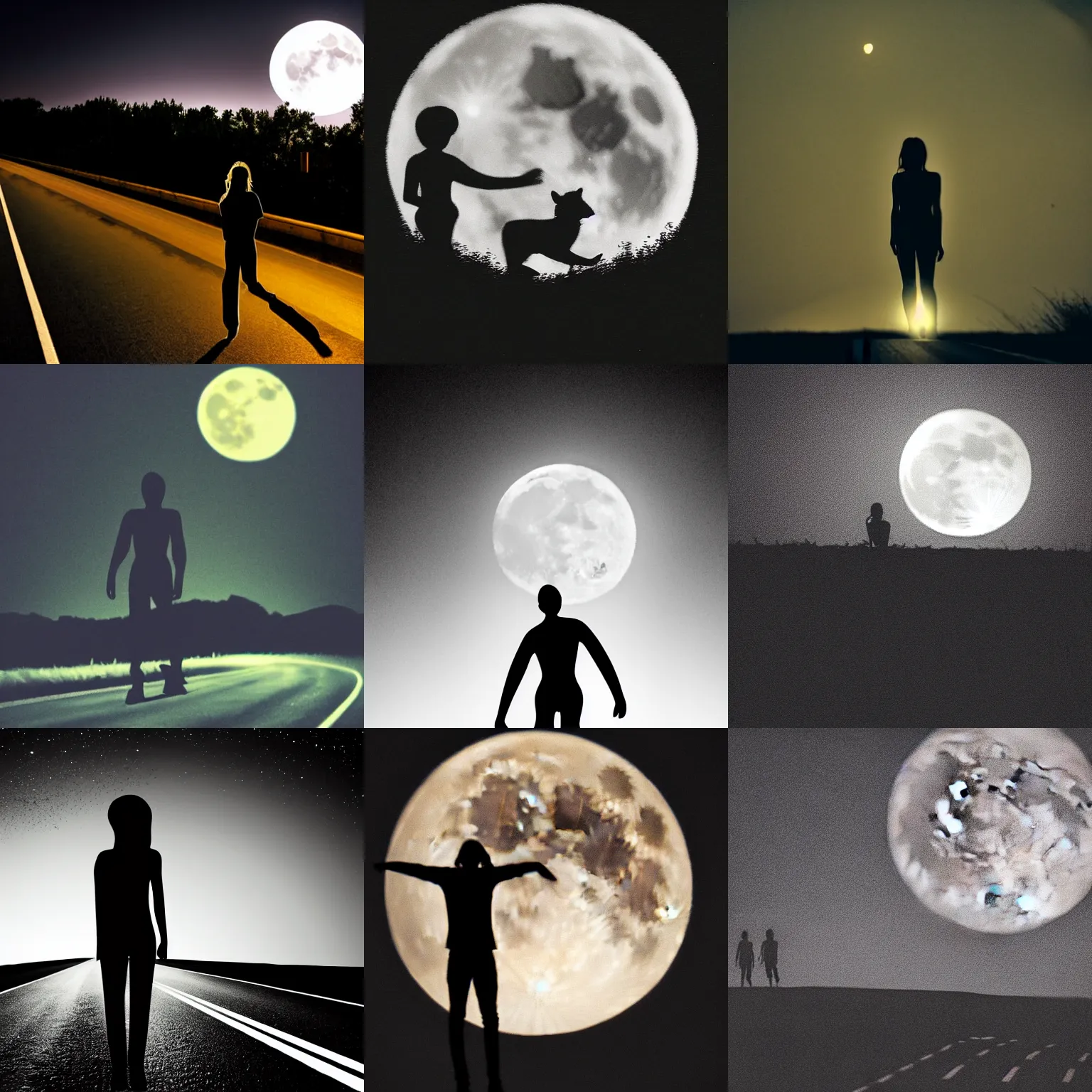 Prompt: silhouette human figure on a full moon night on a highway, morbid