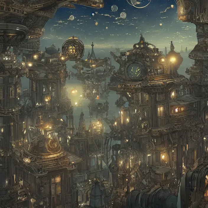 Prompt: a floating city in a night sky, with steampunk art nouveau architecture and dirigibles floating in the air, cityscape, trending on artstation