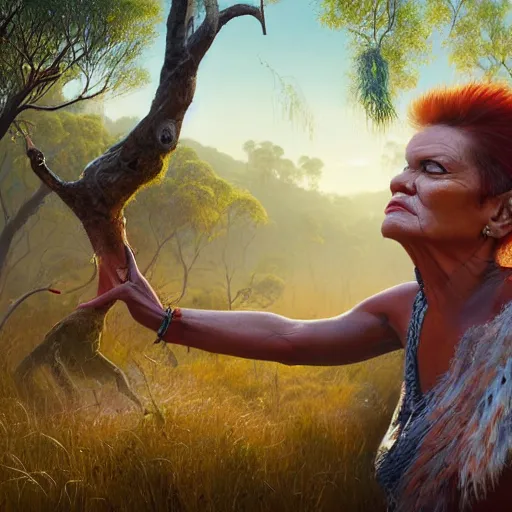 Prompt: portrait of Pauline Hanson as an Australian Aboriginal, by greg rutkowski, very coherent, hyper realism, high detail, vivid colors, octane render, unreal engine, 8k, Smooth gradients, High contrast, depth of field by Jacek Yerka