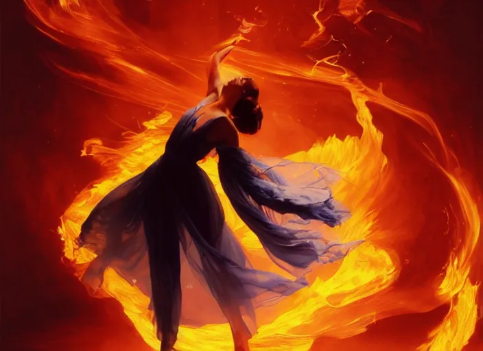 Image similar to a dancer wearing a flowing gown, engulfed in a whirling fire tornado firestorm, emitting smoke and sparks, fantasy, cinematic, fine details by realistic shaded lighting poster by ilya kuvshinov katsuhiro otomo, magali villeneuve, artgerm, jeremy lipkin and michael garmash and rob rey