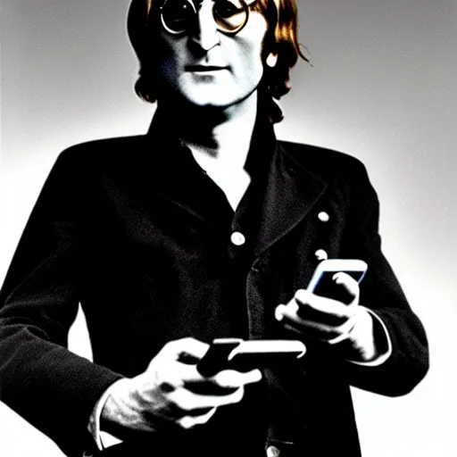 Image similar to a photo of john lennon holding a smartphone in his hand, high detailed