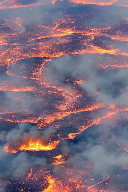 Image similar to airplane window view, aerial imagery, huge fire, very detailed, trending on artstation