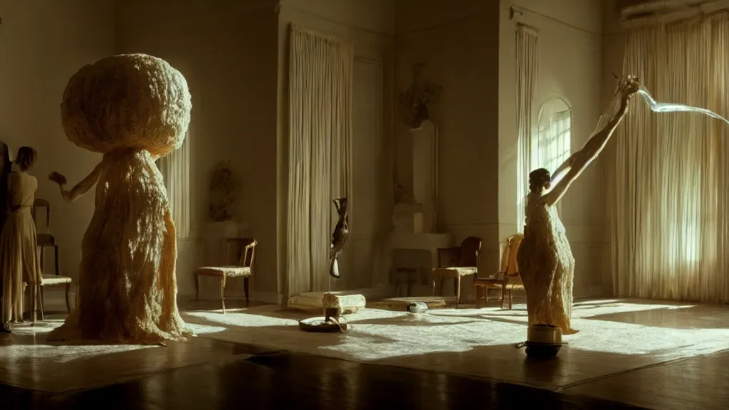 Image similar to a giant hand made of wax and water floats through the living room, film still from the movie directed by Denis Villeneuve with art direction by Salvador Dalí, wide lens