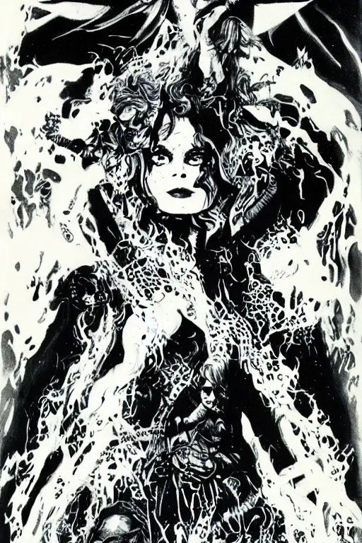 Prompt: detailed artwork for dark witch, 1 9 8 0 s