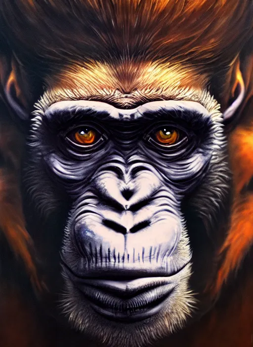 Image similar to close up portrait of a monkey monster in the mountains of hell, oil painting by tomasz jedruszek, cinematic lighting, pen and ink, intricate line, hd, 4 k, million of likes, trending on artstation