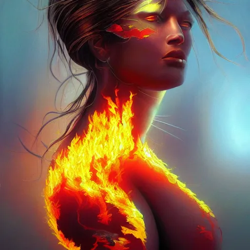 Image similar to A beautiful painting of a goddess with a body made of flames by Jim Burns, 8K, ultra-detailed , Trending on artstation.