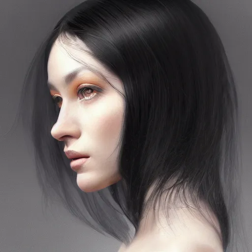 Prompt: fabulous rendition of a magnificent black haired woman, half body portrait, ethereal beauty, digital art, CGSociety, hyperdetailed, artstation, 8k