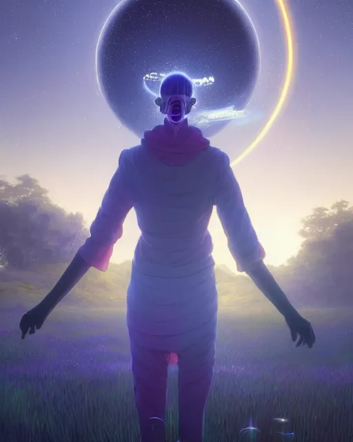 Image similar to highly detailed surreal vfx portrait of a futuristic mage in a rural farm with planets in background, stephen bliss, unreal engine, greg rutkowski, loish, rhads, beeple, makoto shinkai and lois van baarle, ilya kuvshinov, rossdraws, tom bagshaw, alphonse mucha, global illumination, detailed and intricate environment