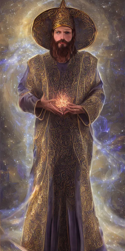 Prompt: adult wizard wearing a byzantine hat and a robe with star and moon pattern, handsome face, focus eyes, hyper realistic, large star crystals, symmetry, ultra realistic soft painting, full body, fantasy, intricate, elegant, highly detailed, digital painting, artstation, concept art, matte, illustration, 8 k